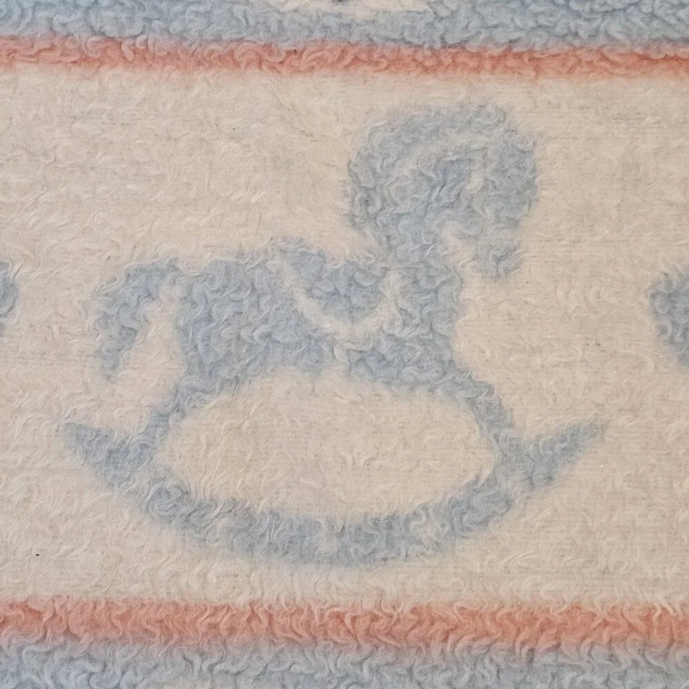 Vintage Blue Rockinghorse Baby Blanket Hearts Acryl Velours‎ Biederlack USA Made